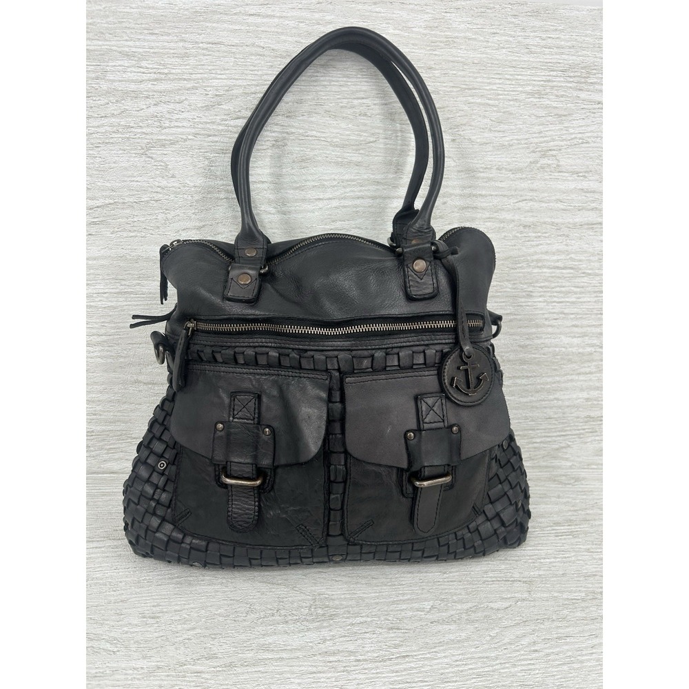 Harbour 2nd Black Genuine Leather Urban Poets Handbag Woven Satchel Anchor